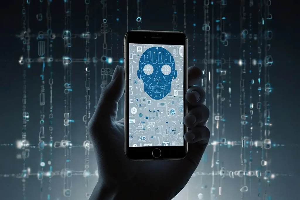 Main tenant un smartphone affichant un crâne, habitudes à risque