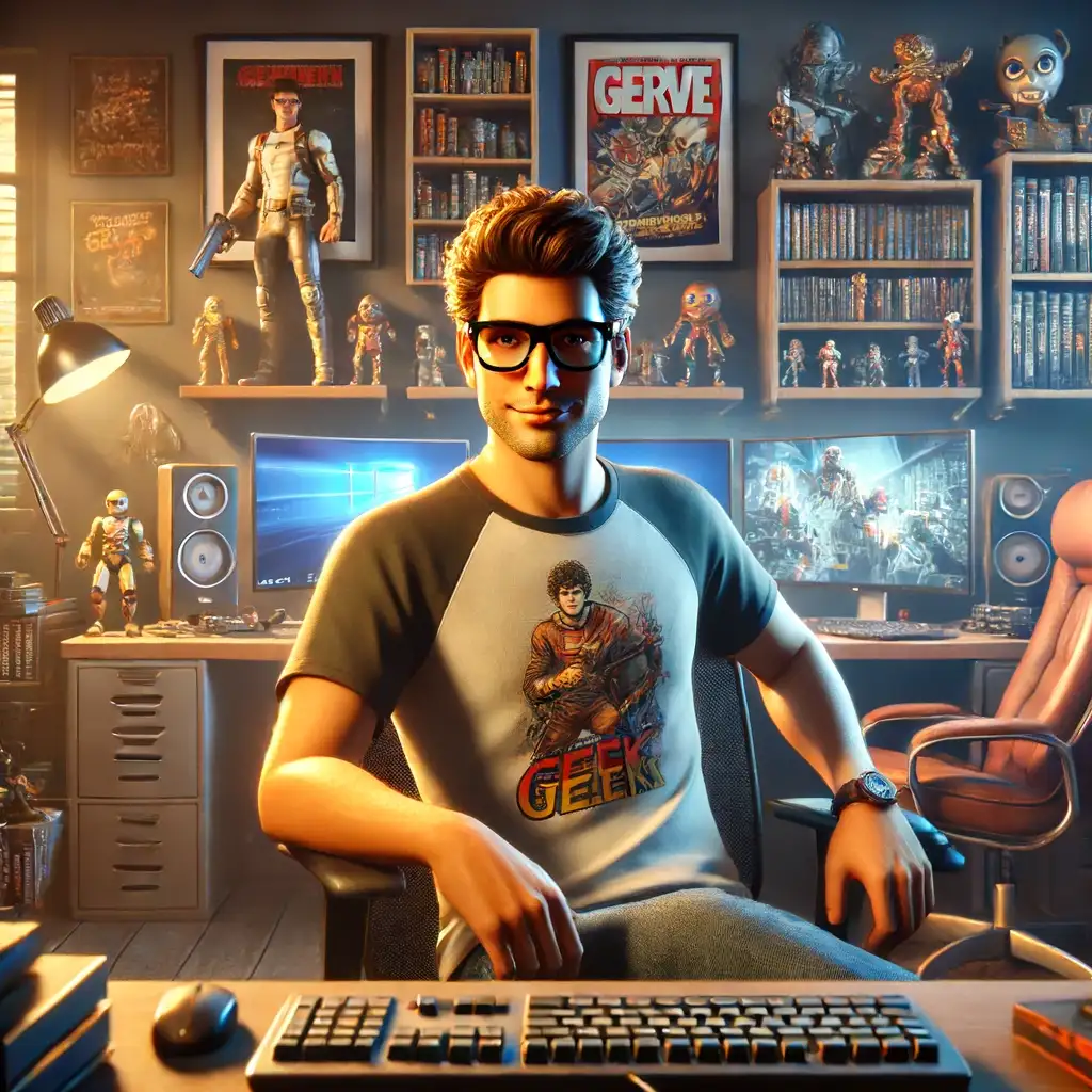 Geek souriant devant son ordinateur dans une pièce remplie de figurines