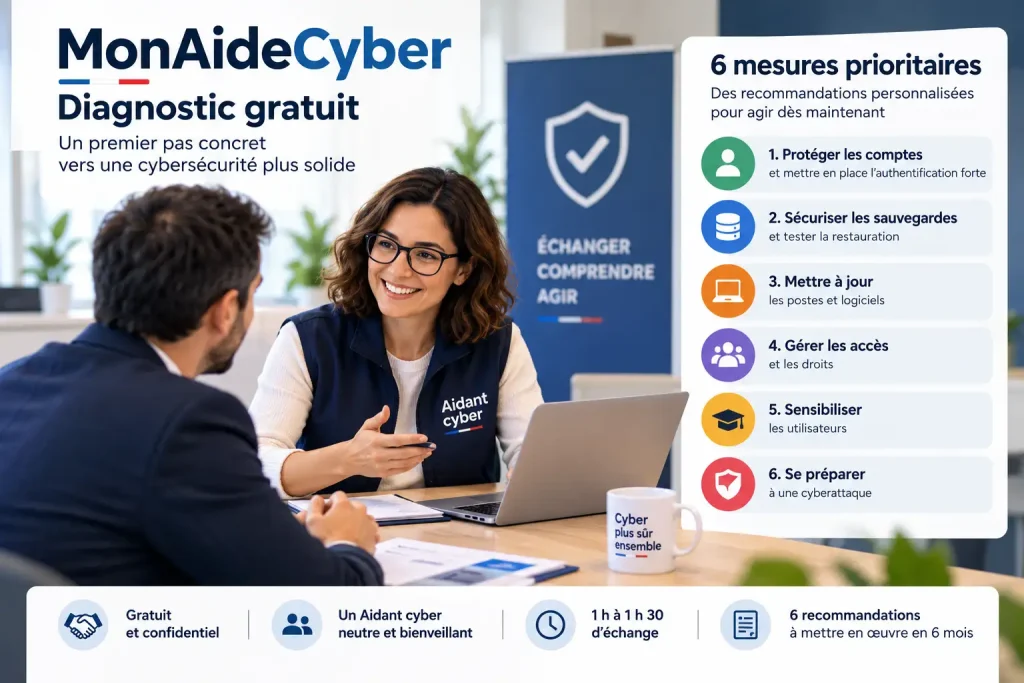 MonAideCyber diagnostic gratuit : un Aidant cyber accompagne un responsable de PME dans une première évaluation de cybersécurité et présente six mesures prioritaires personnalisées